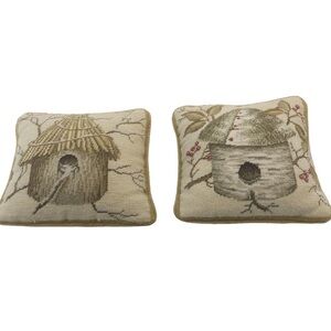 Katha Diddel Home Collection wool needlepoint pillows. Bird house sun room